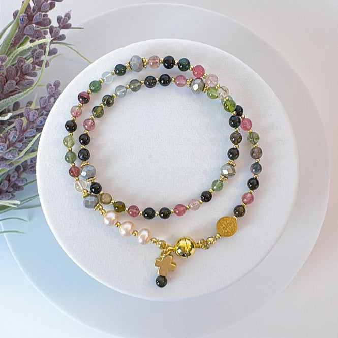 Multi Tourmalines with Pink Freshwater Pearls Rosary Magnetic Bracelet