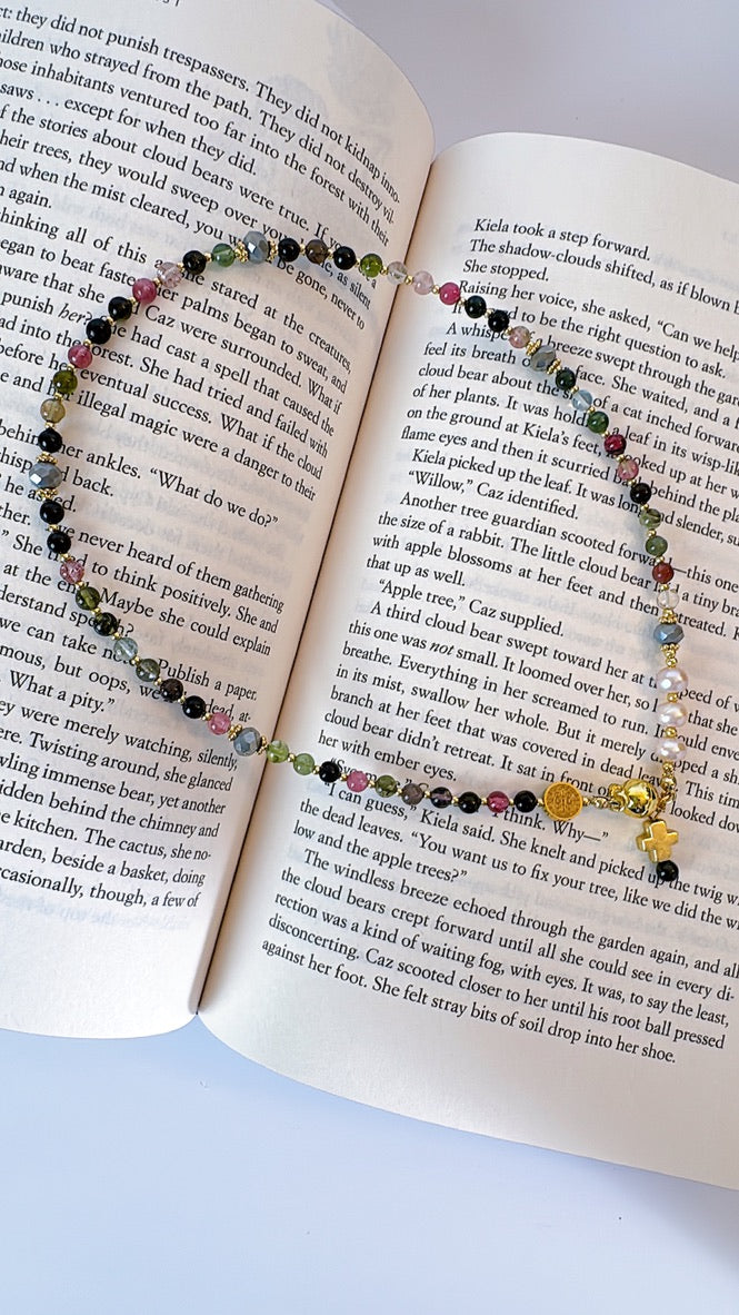 Multi Tourmalines with Pink Freshwater Pearls Rosary Magnetic Bracelet