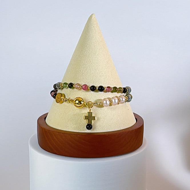 Multi Tourmalines with Pink Freshwater Pearls Rosary Magnetic Bracelet