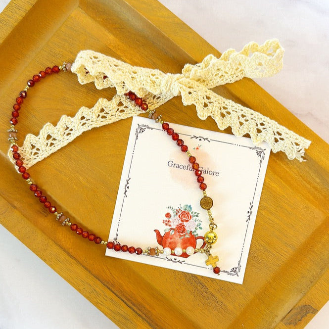 Beautiful Orange Garnets with Freshwater Pearls Rosary Magnetic Bracelet