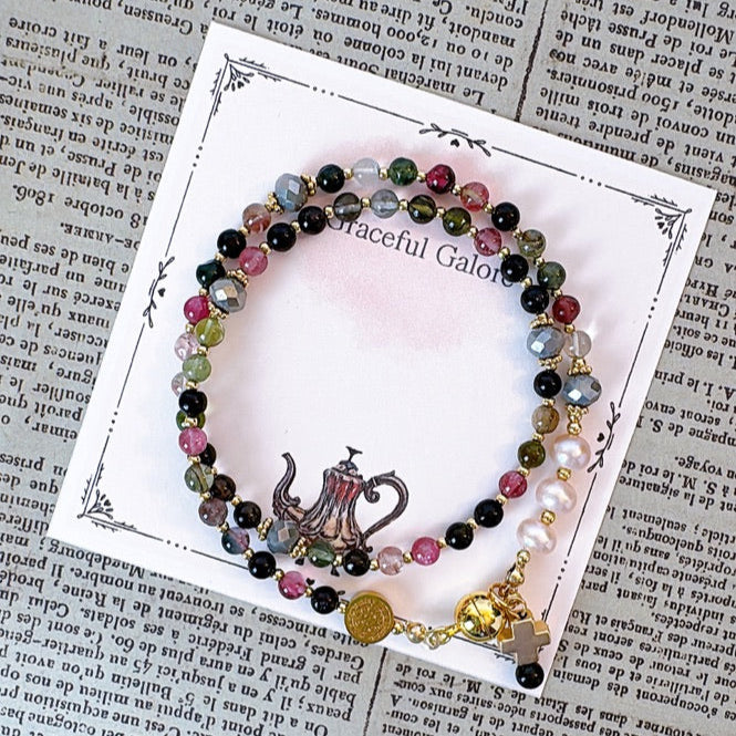 Multi Tourmalines with Pink Freshwater Pearls Rosary Magnetic Bracelet