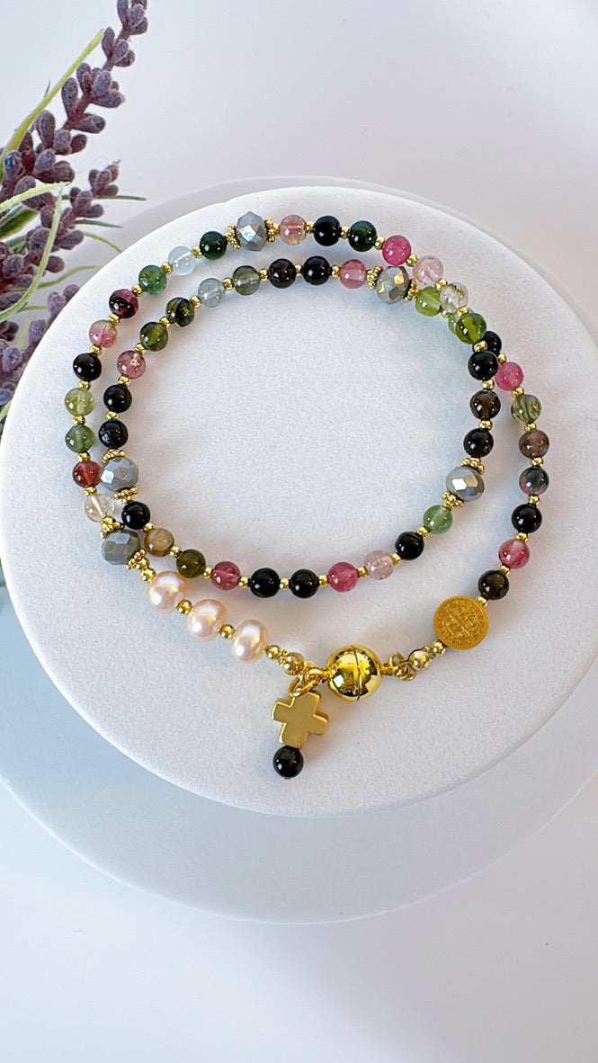 Multi Tourmalines with Pink Freshwater Pearls Rosary Magnetic Bracelet