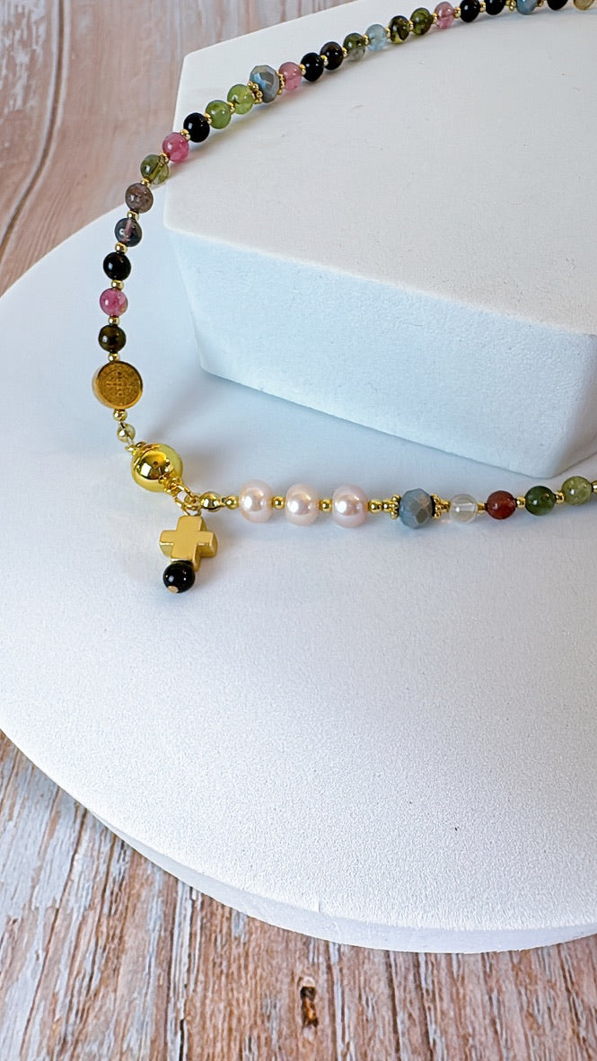 Multi Tourmalines with Pink Freshwater Pearls Rosary Magnetic Bracelet