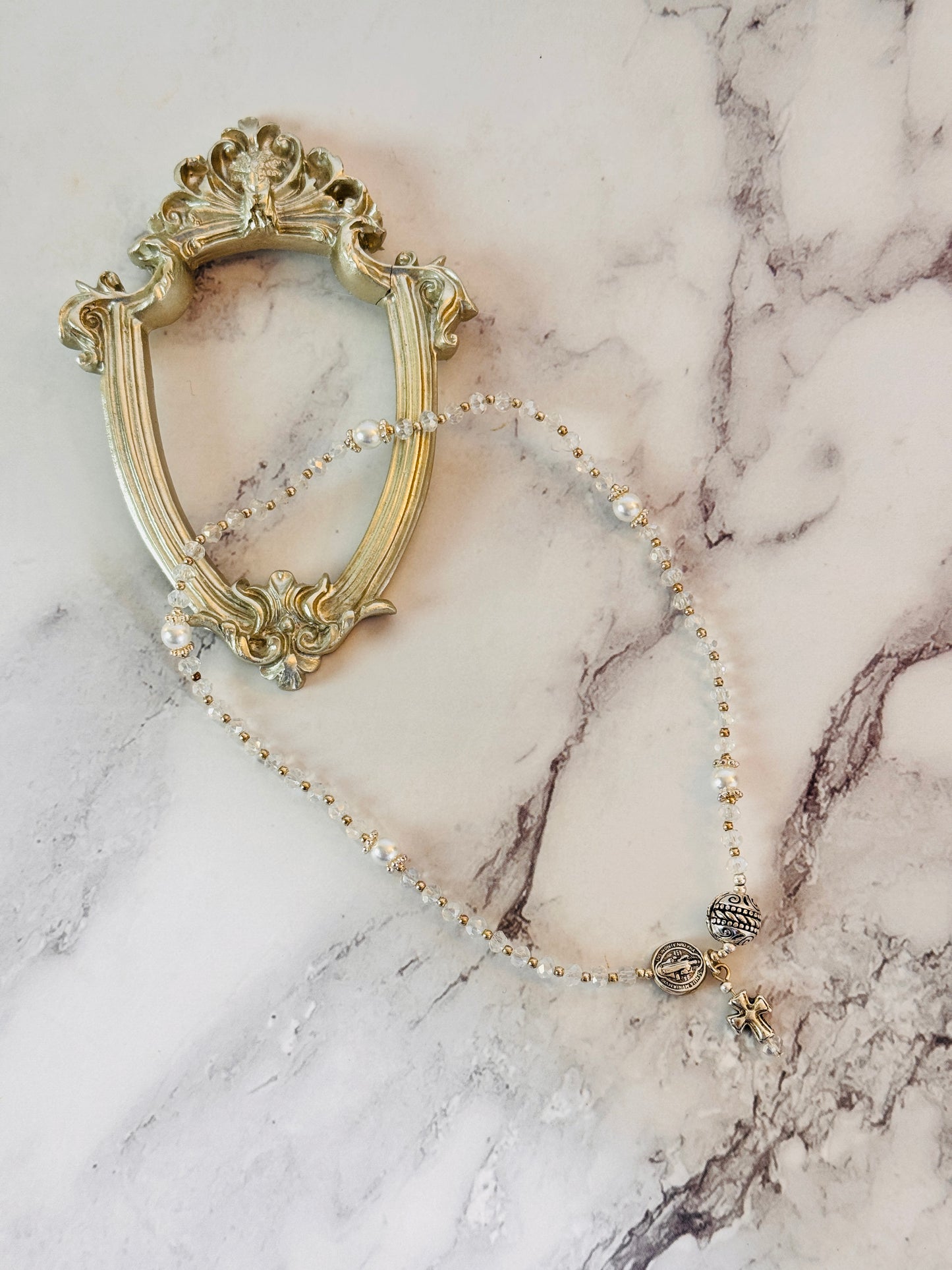 Clear Crystals Silver Tone Rosary Bracelet