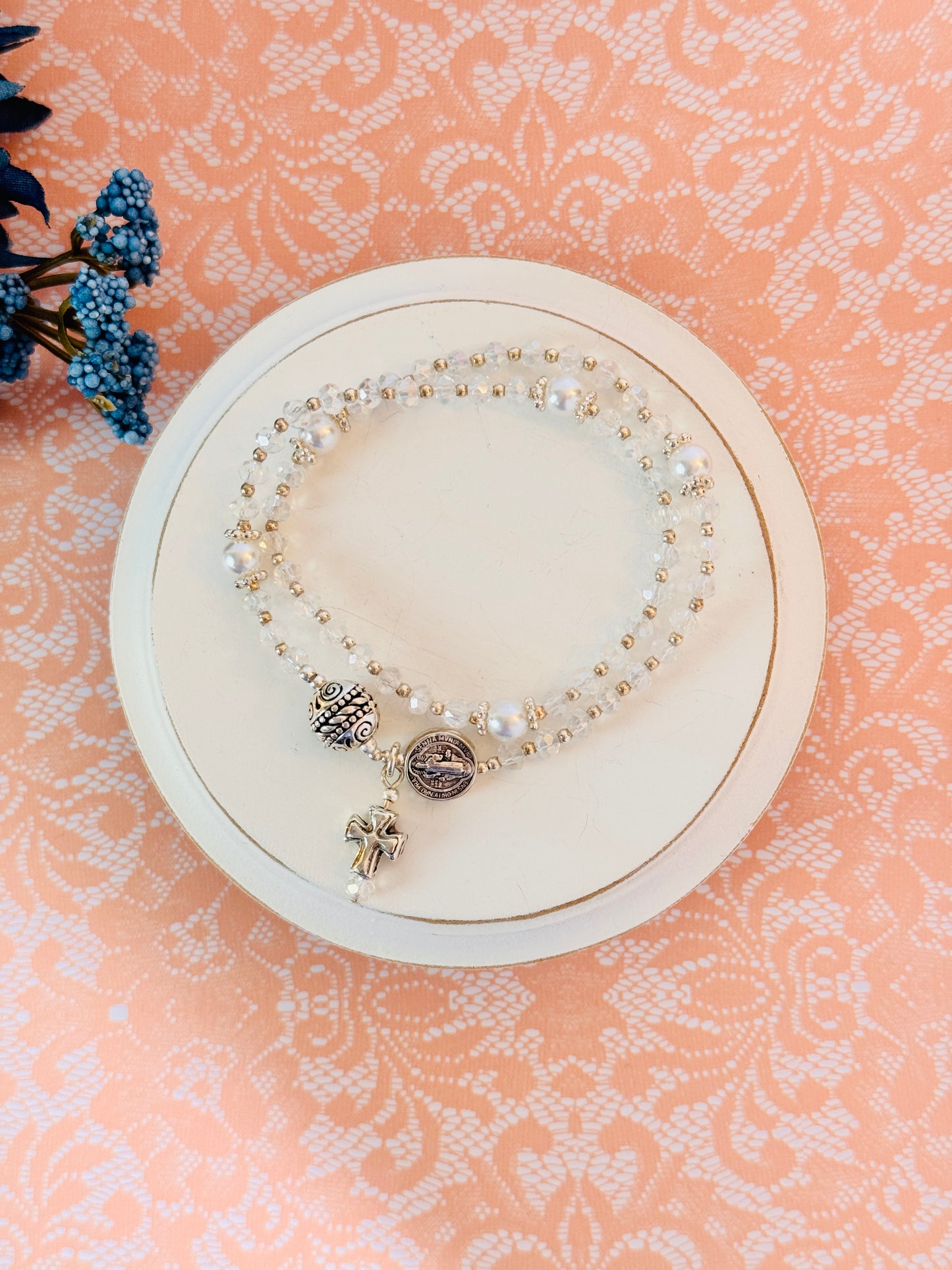 Clear Crystals Silver Tone Rosary Bracelet