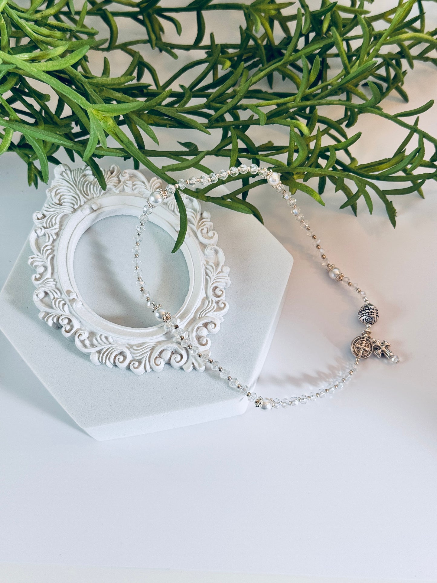 Clear Crystals Silver Tone Rosary Bracelet