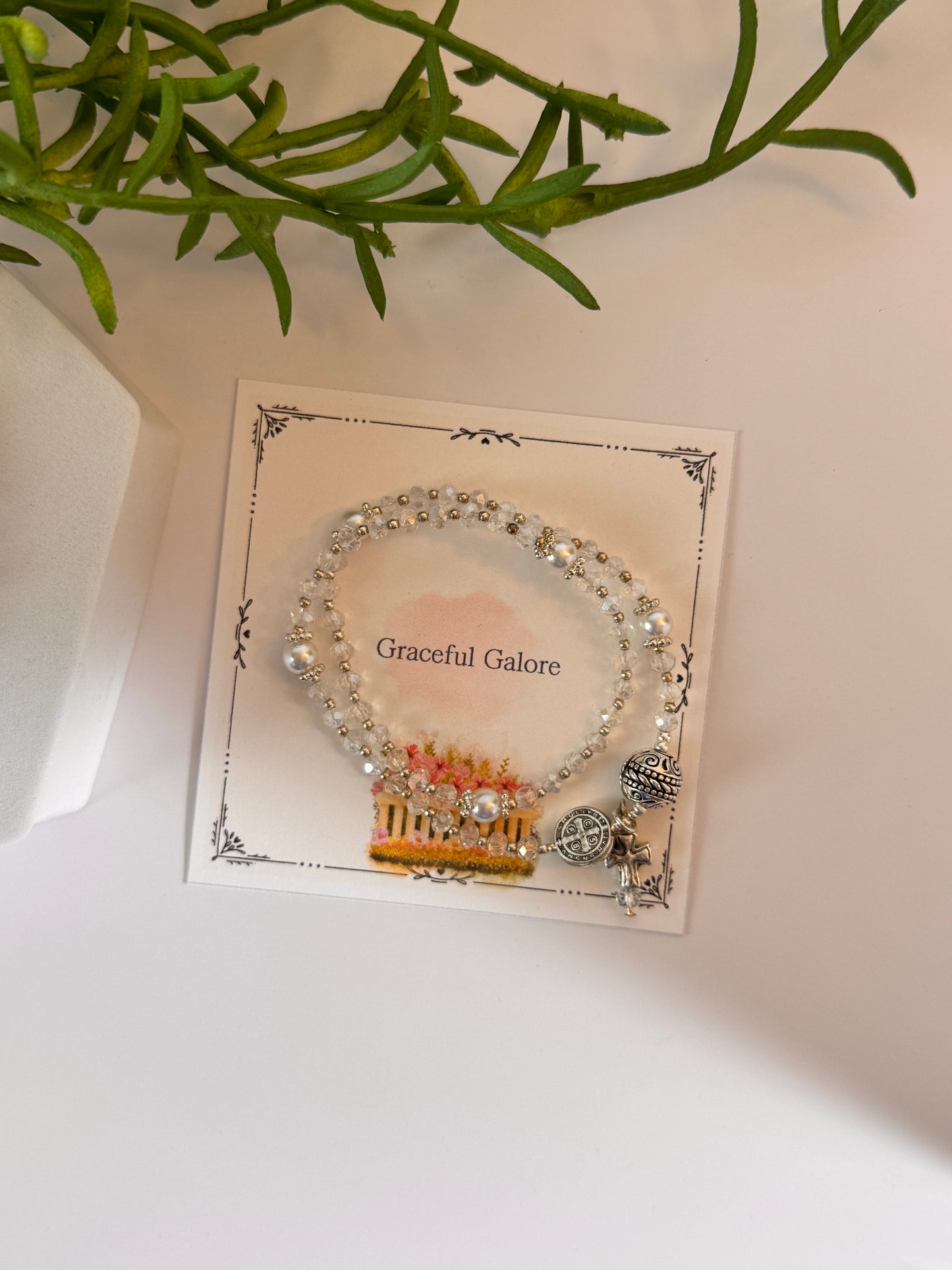 Clear Crystals Silver Tone Rosary Bracelet