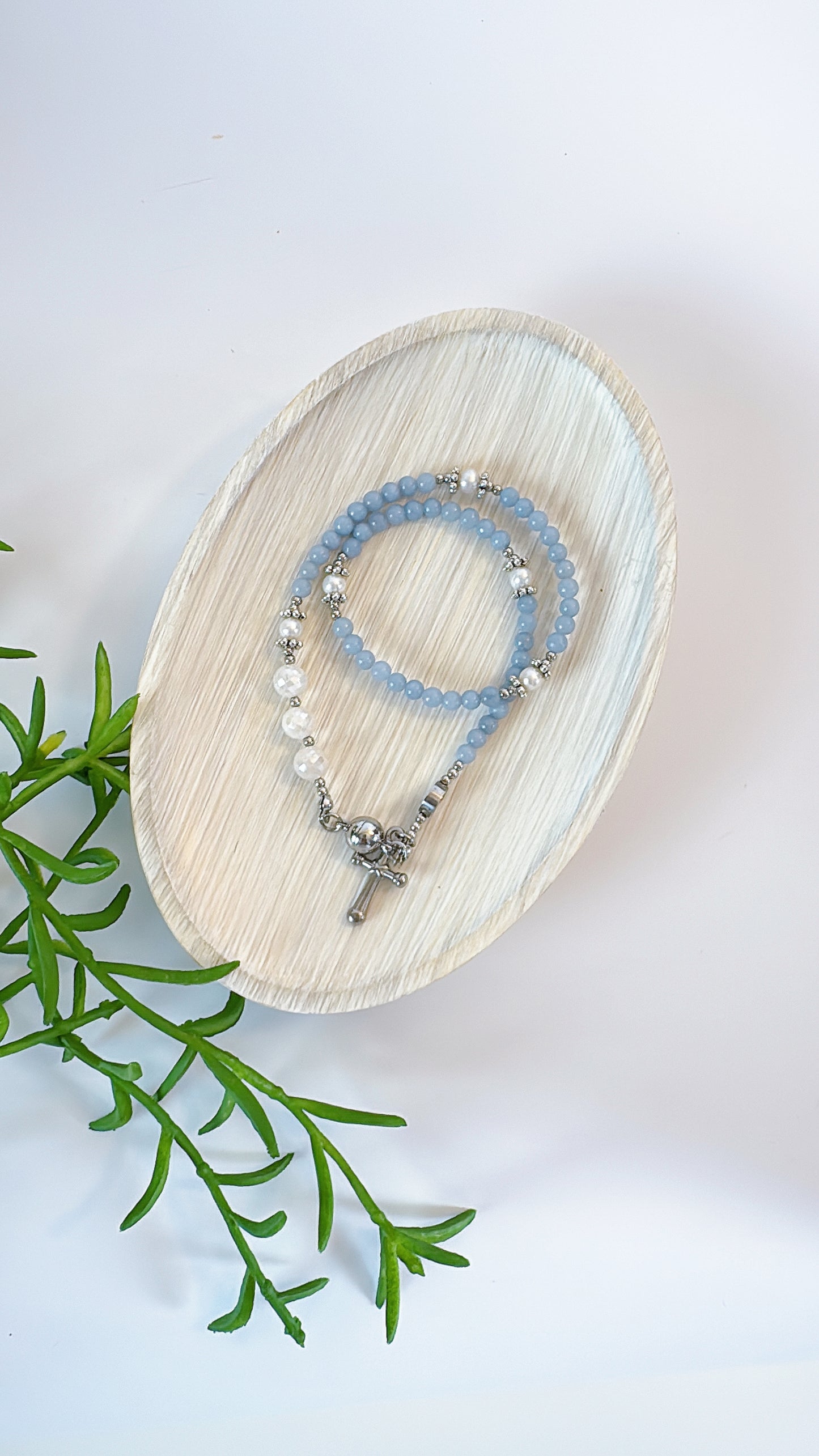 Light Blue Angelite with White Moonstones  Rosary Magnetic Bracelet