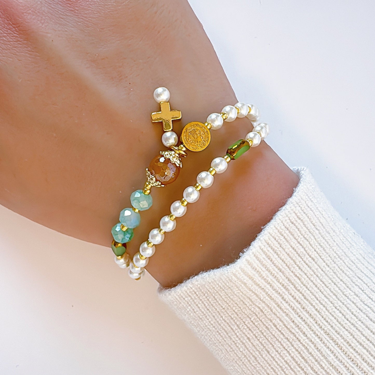 Pearl Beads with Green Gemstones Rosary Bracelet