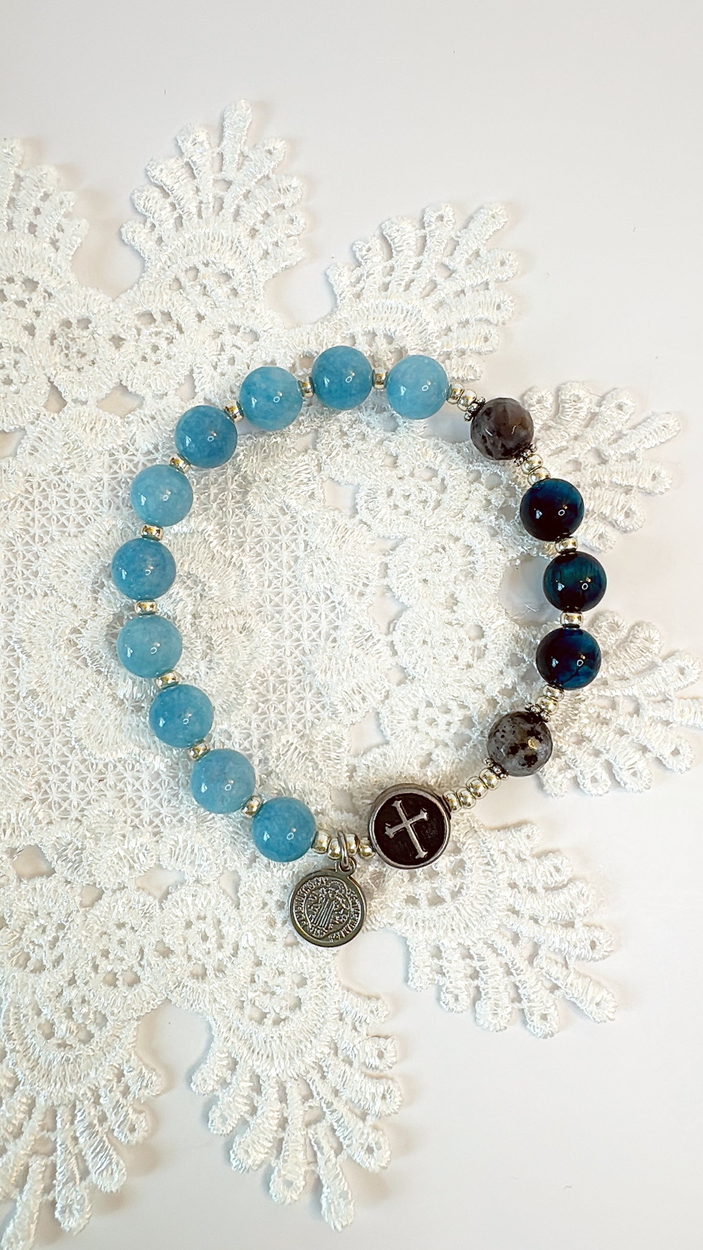 8mm Blue Chalcedony Jade One Decade Rosary Bracelet