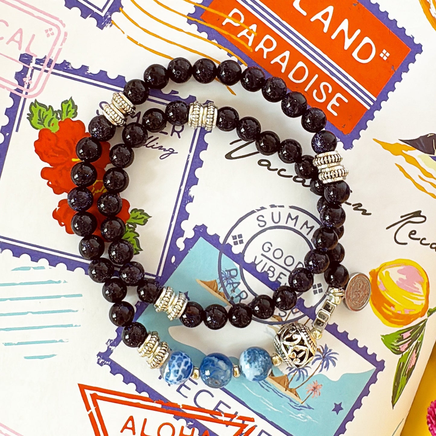 6mm Blue Goldsand Full Decades Rosary Bracelet