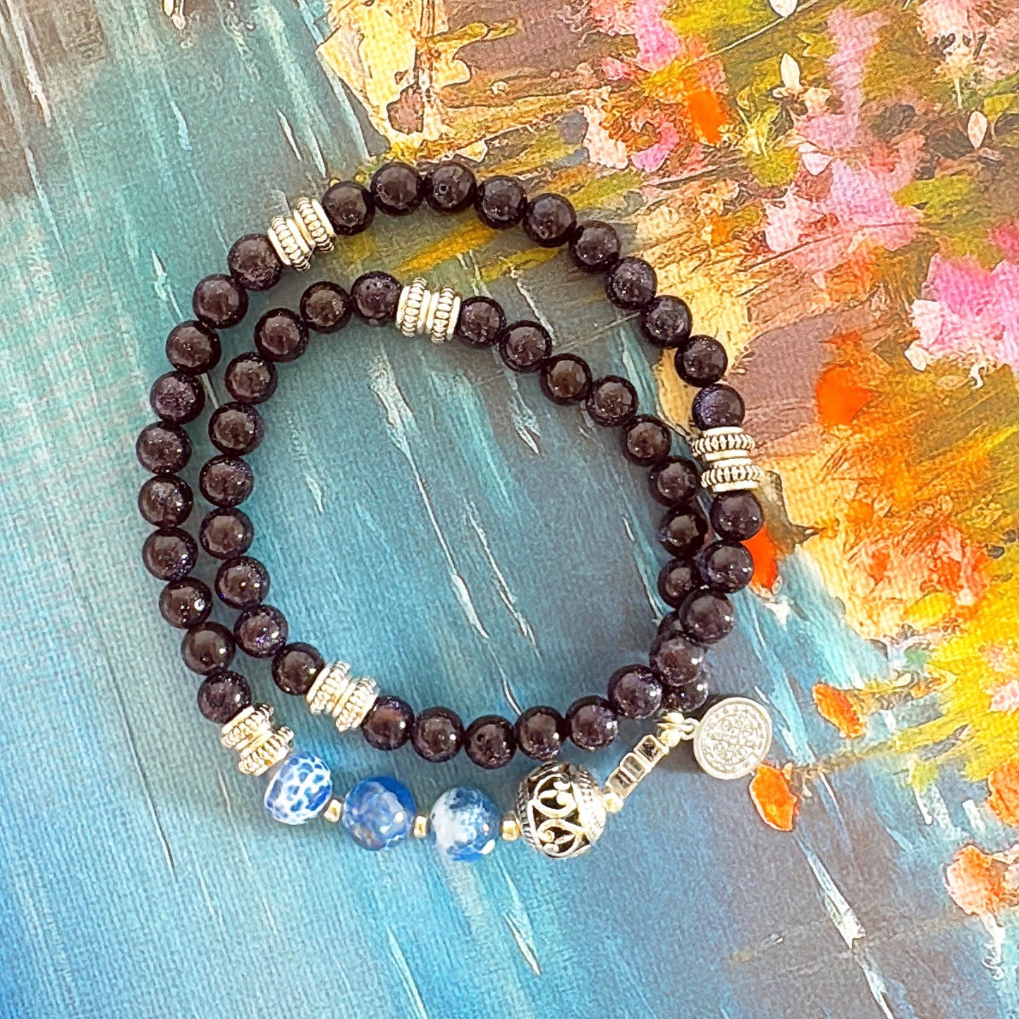 6mm Blue Goldsand Full Decades Rosary Bracelet