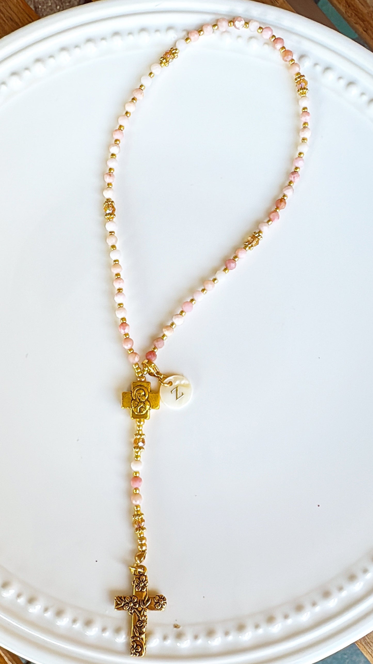 Personalized Pink Opal Rosary with Mother of Pearl Initial