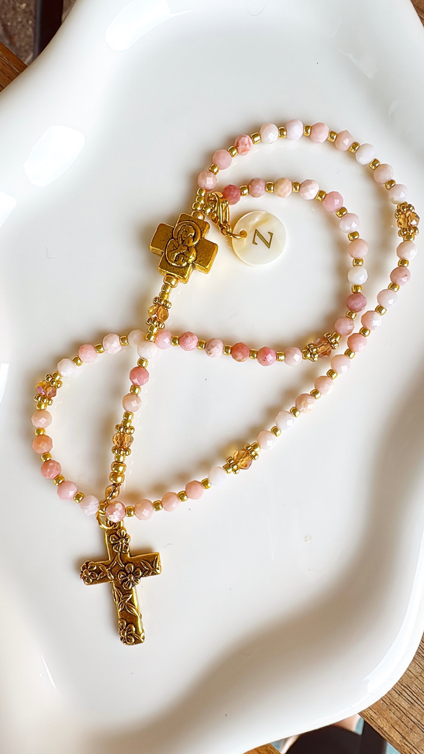 Personalized Pink Opal Rosary with Mother of Pearl Initial