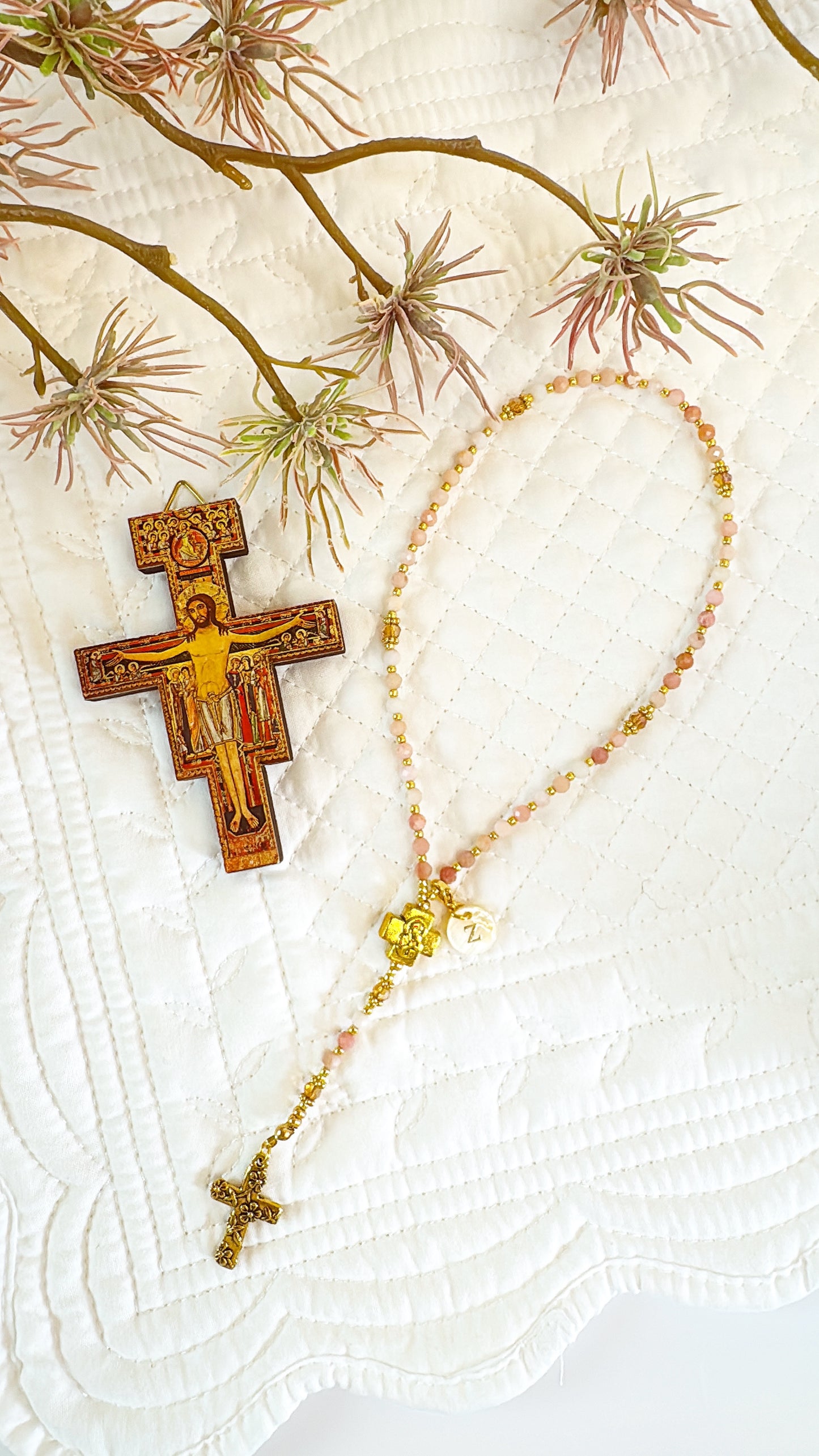 Personalized Pink Opal Rosary with Mother of Pearl Initial