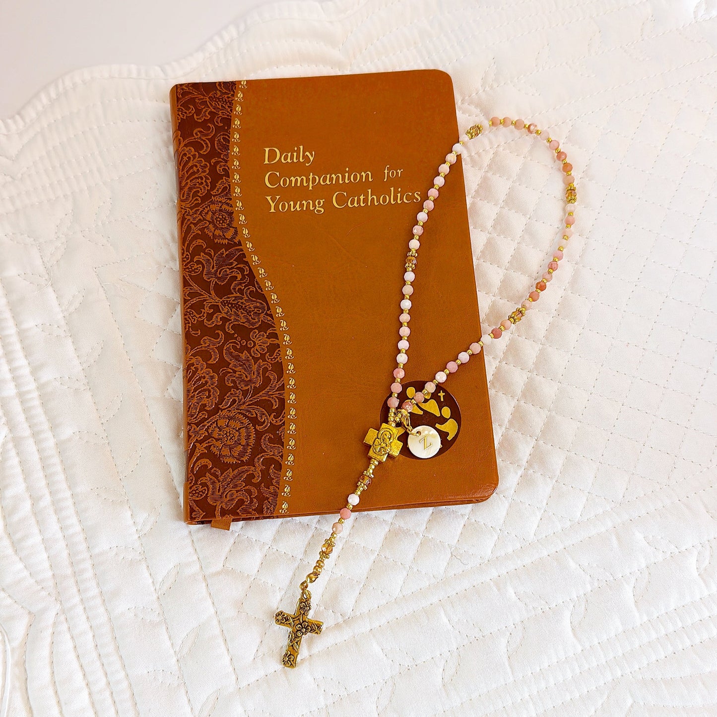 Personalized Pink Opal Rosary with Mother of Pearl Initial