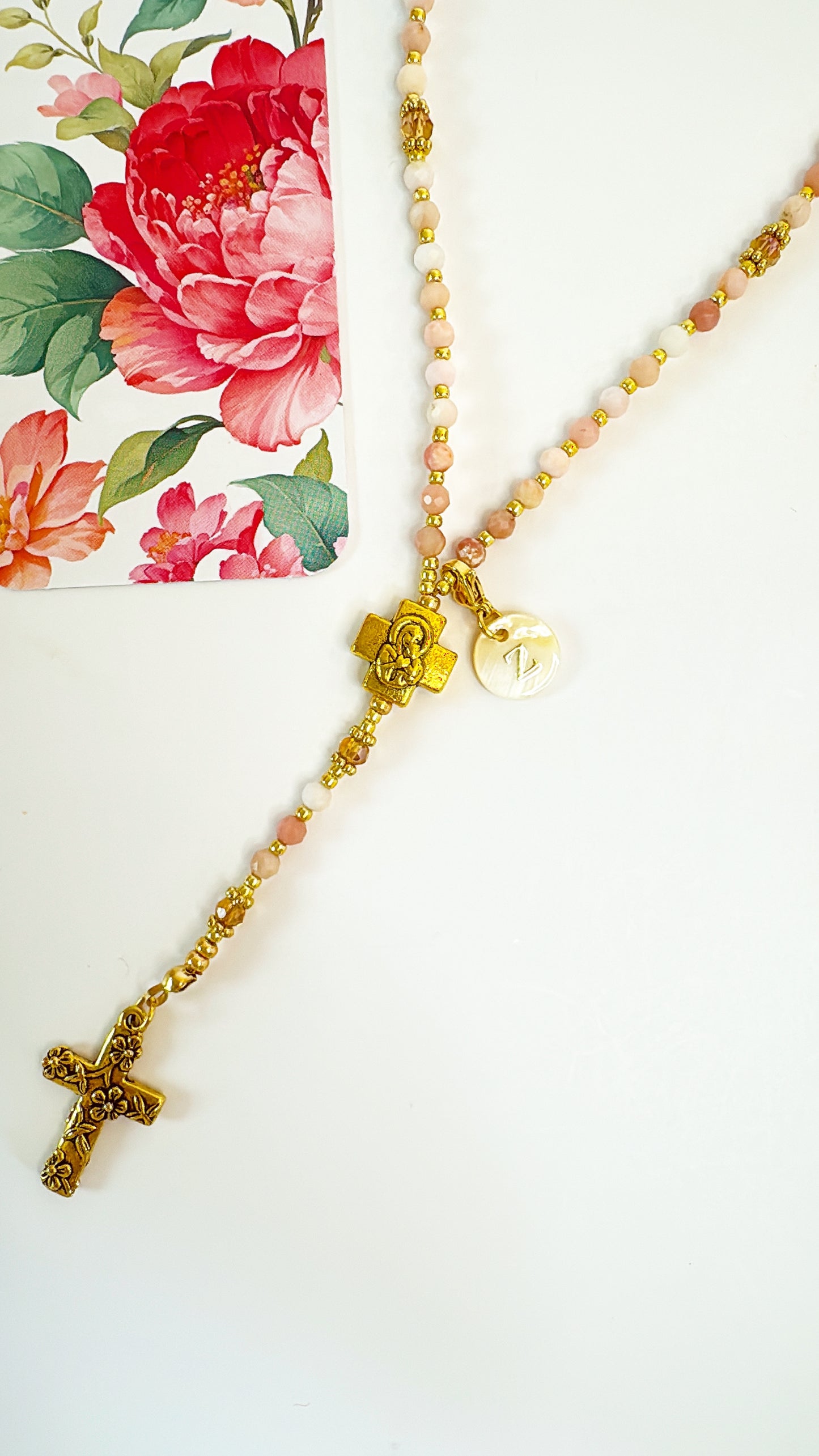 Personalized Pink Opal Rosary with Mother of Pearl Initial
