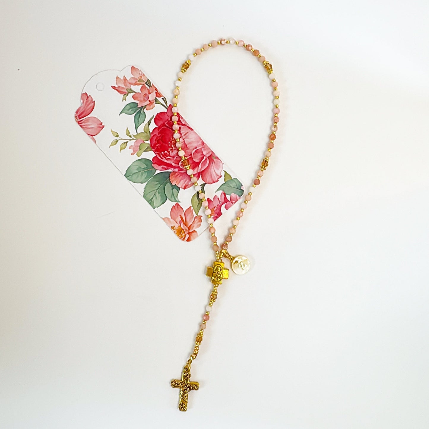 Personalized Pink Opal Rosary with Mother of Pearl Initial