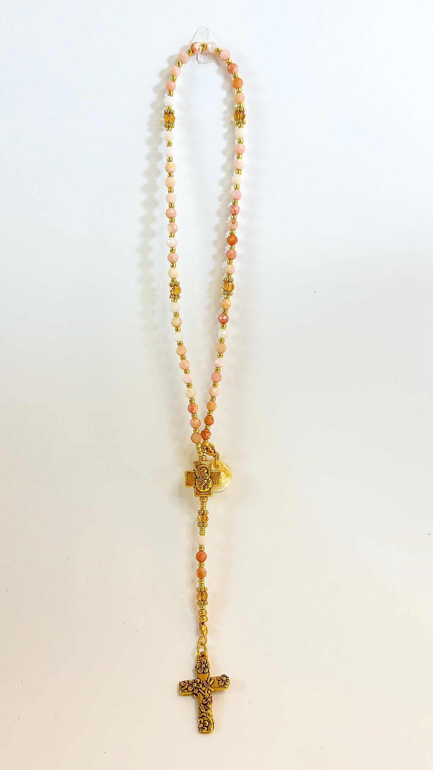 Personalized Pink Opal Rosary with Mother of Pearl Initial
