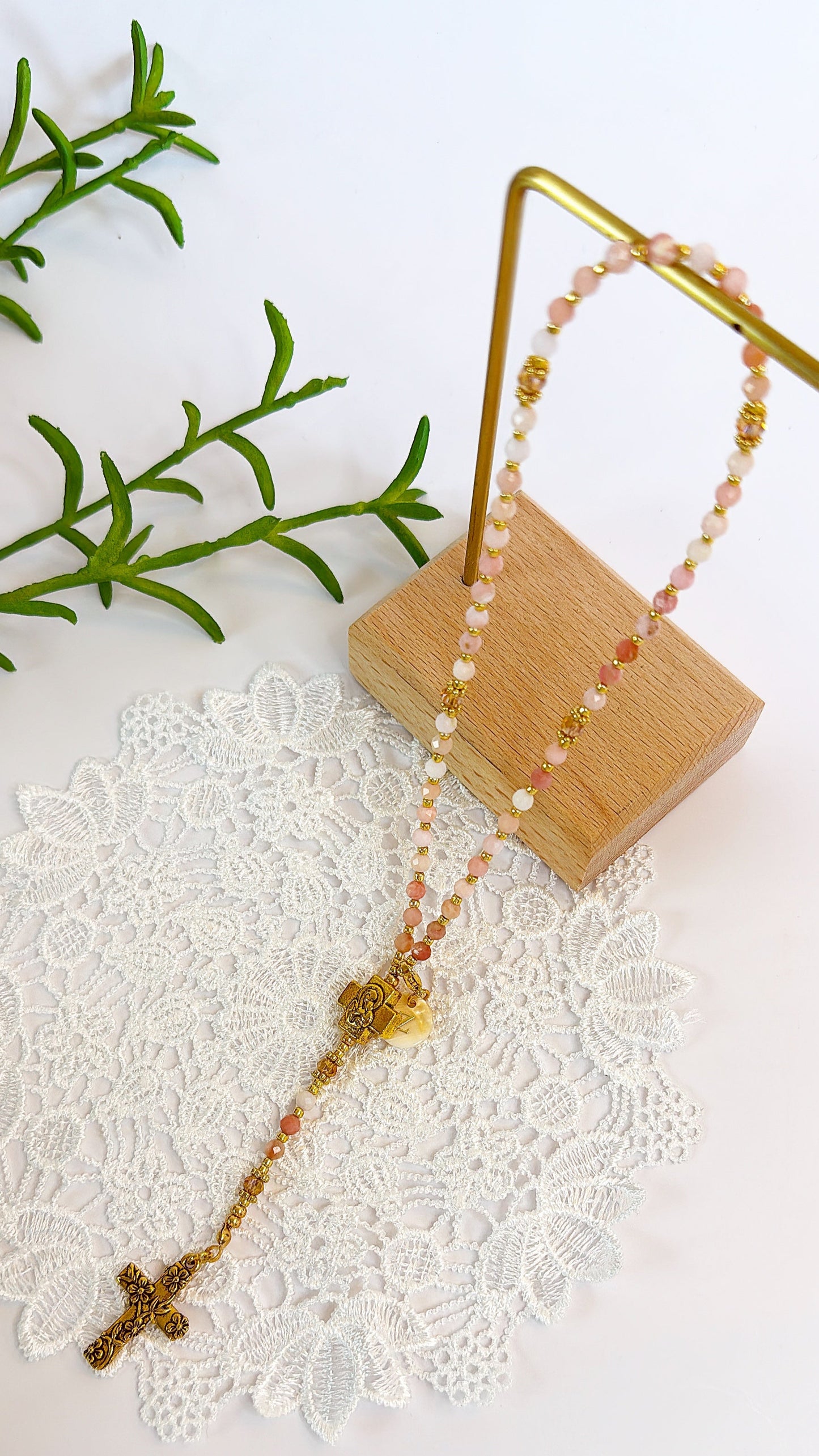 Personalized Pink Opal Rosary with Mother of Pearl Initial