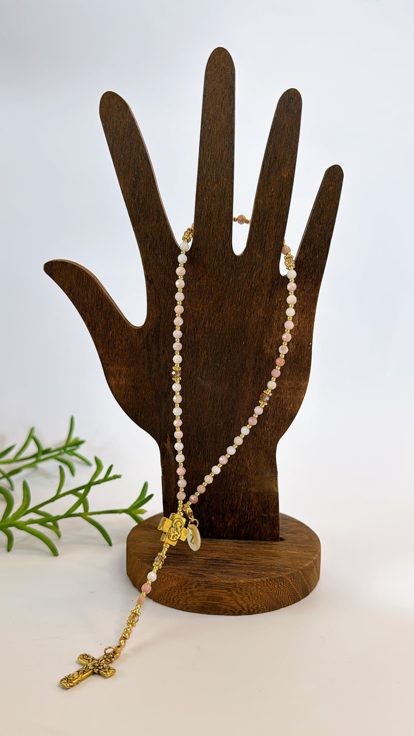Personalized Pink Opal Rosary with Mother of Pearl Initial