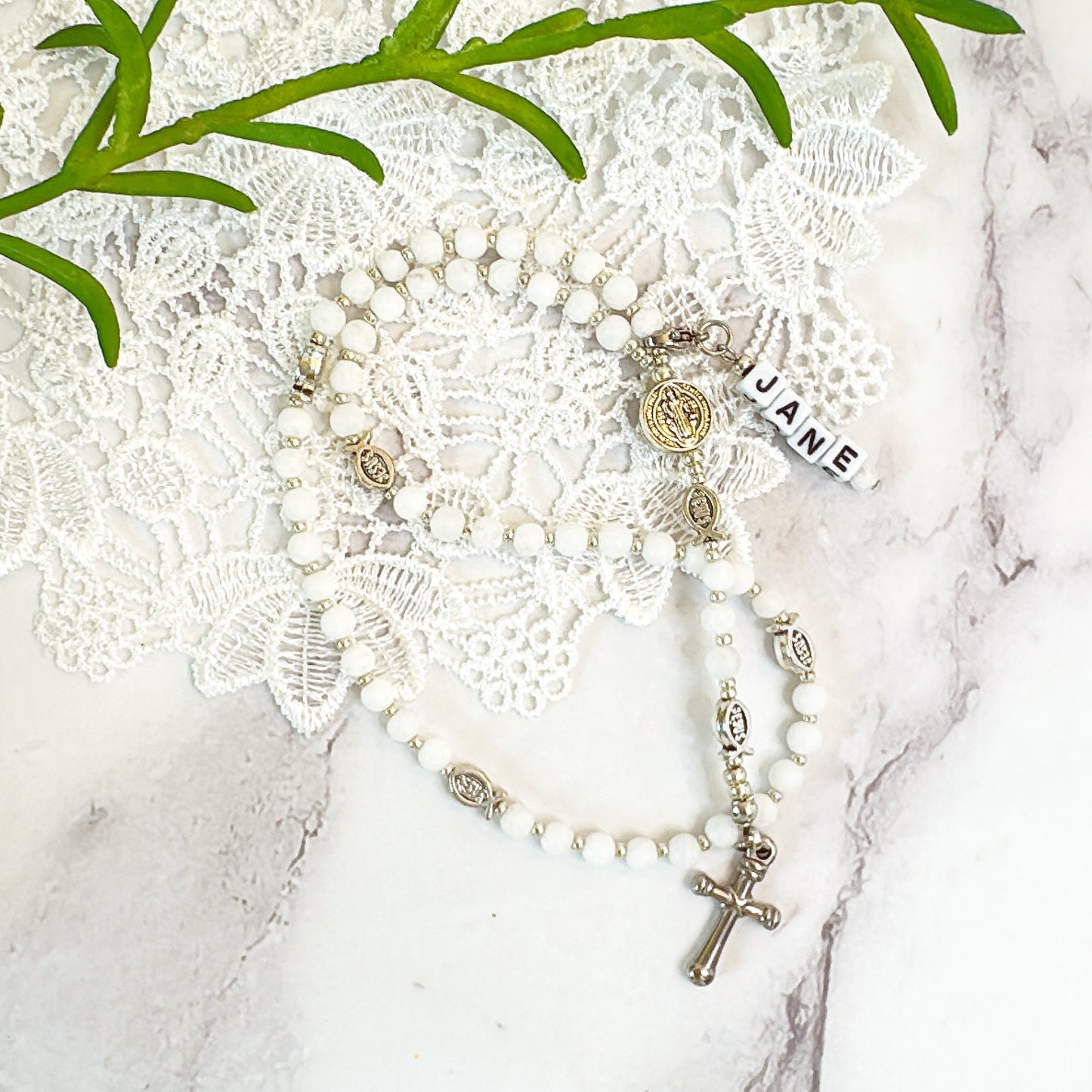 Baby Fish - White Agate Rosary |Custom Name Tag Option (up to 10 characters)