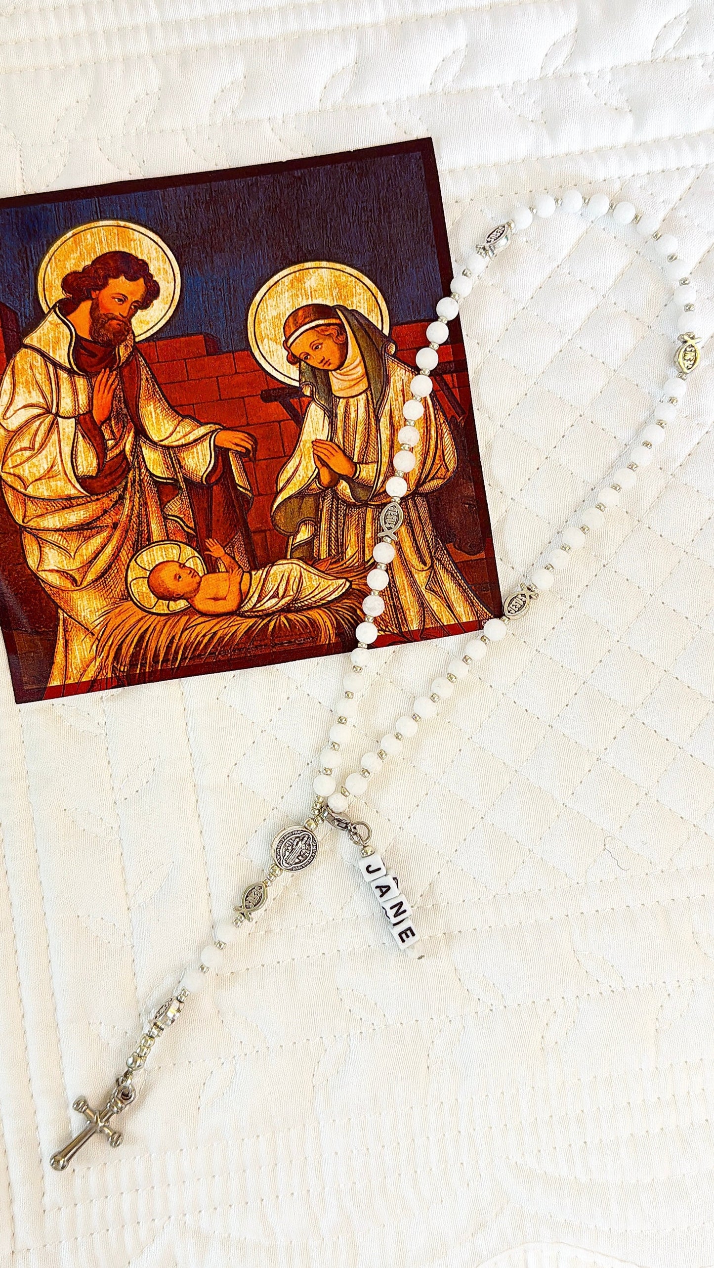 Baby Fish - White Agate Rosary |Custom Name Tag Option (up to 10 characters)