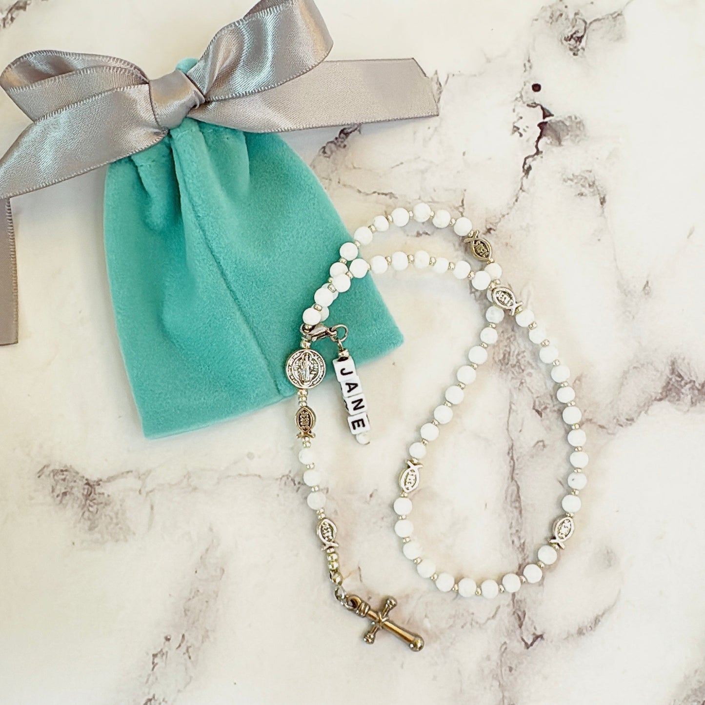 Baby Fish - White Agate Rosary |Custom Name Tag Option (up to 10 characters)