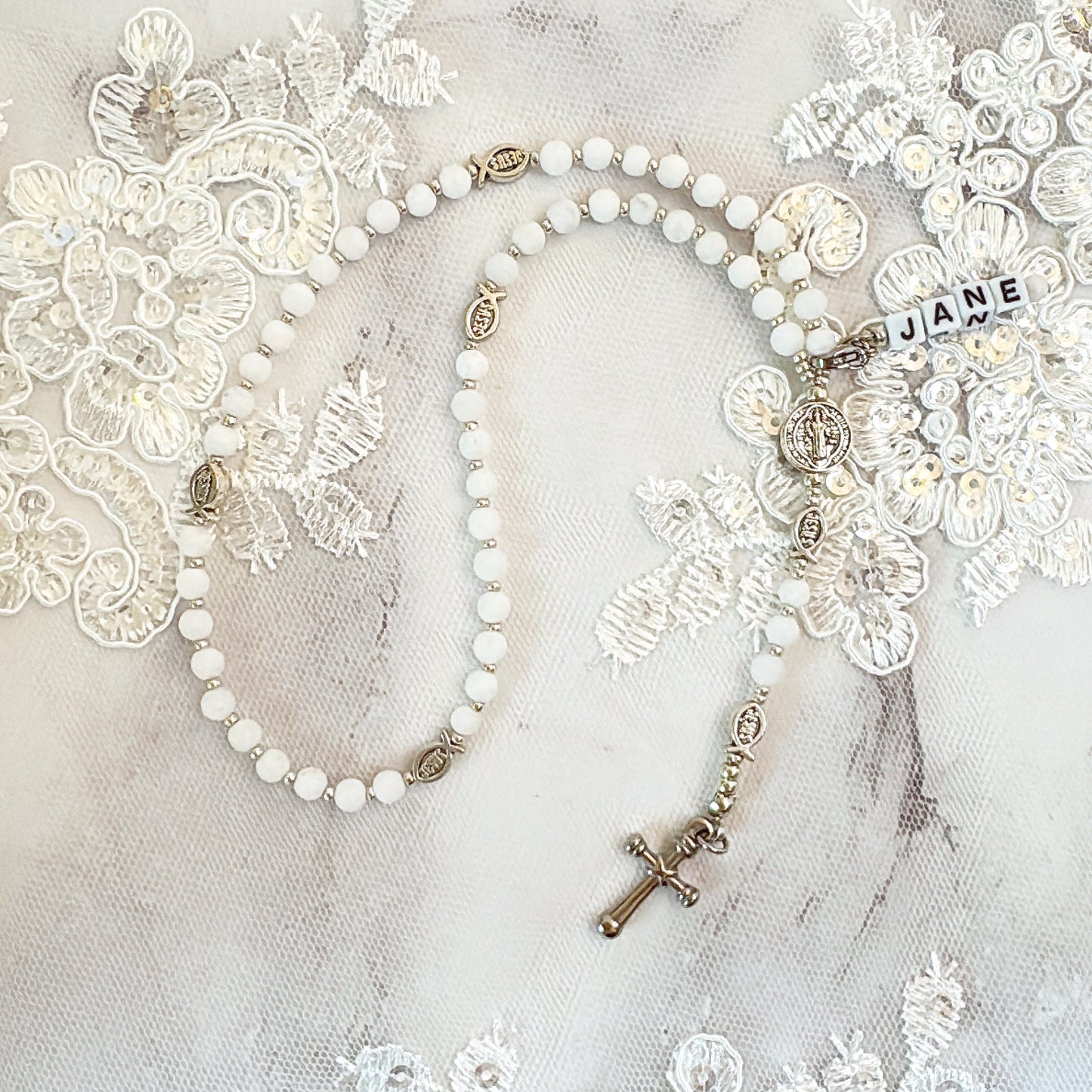 Baby Fish - White Agate Rosary |Custom Name Tag Option (up to 10 characters)
