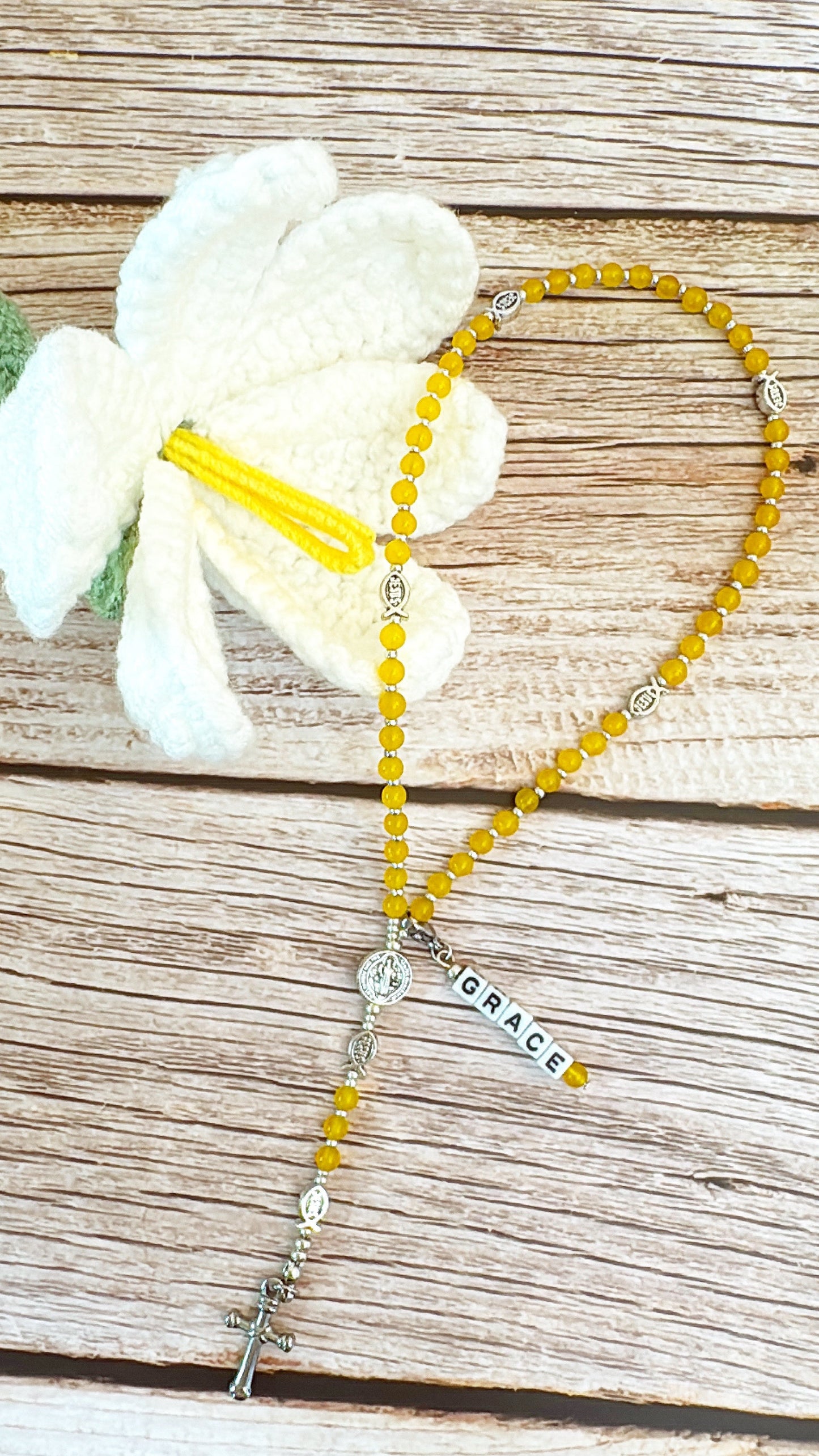 Baby Fish - Yellow Agate Rosary | Custom Name Tag Option(up to 10 characters)
