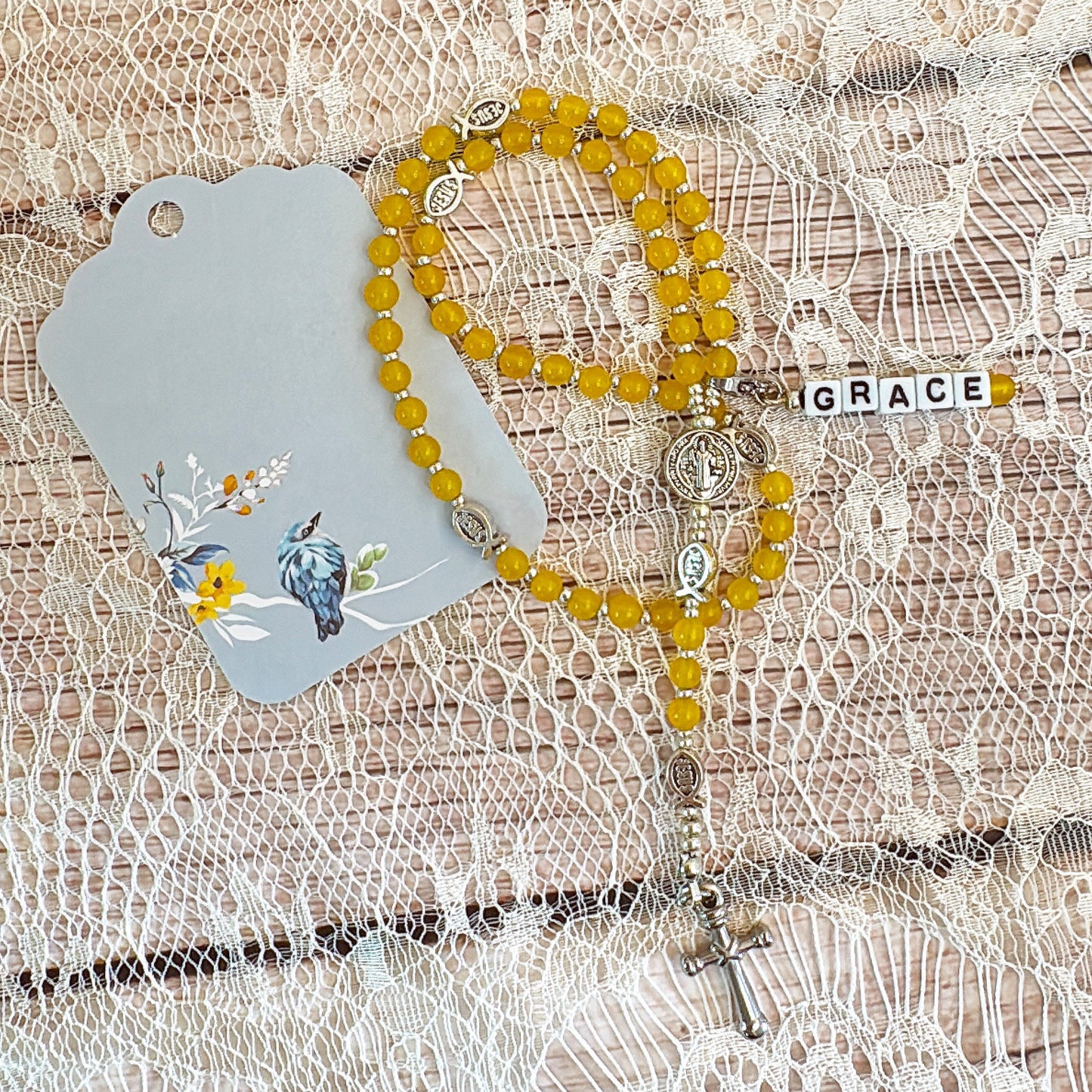 Baby Fish - Yellow Agate Rosary | Custom Name Tag Option(up to 10 characters)