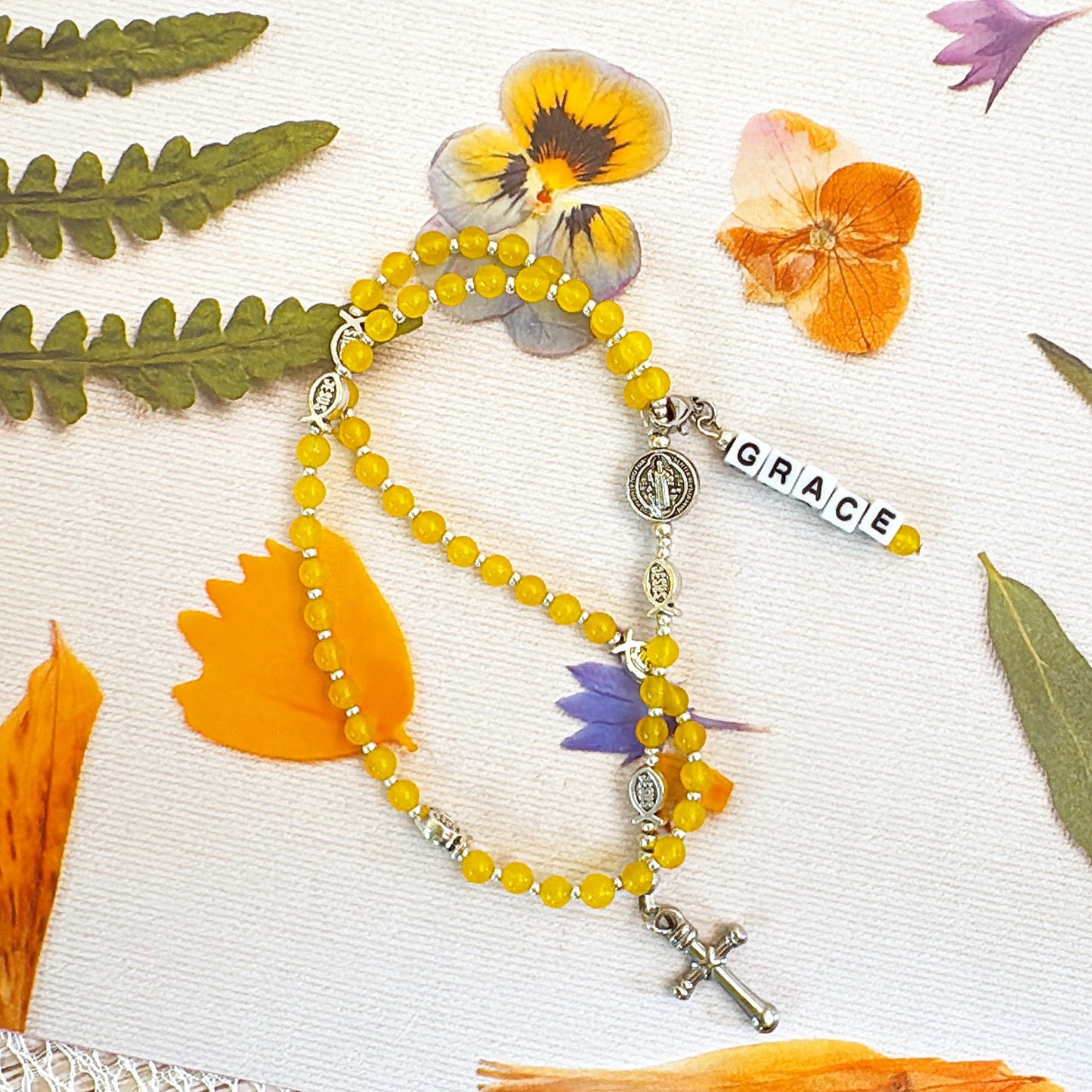 Baby Fish - Yellow Agate Rosary | Custom Name Tag Option(up to 10 characters)