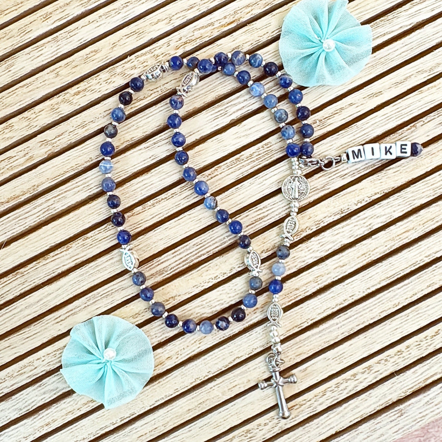 Baby Fish - Lapis Lazuli Rosary for Teens – Custom Name Tag | Custom Name Tag (up to 10 characters)