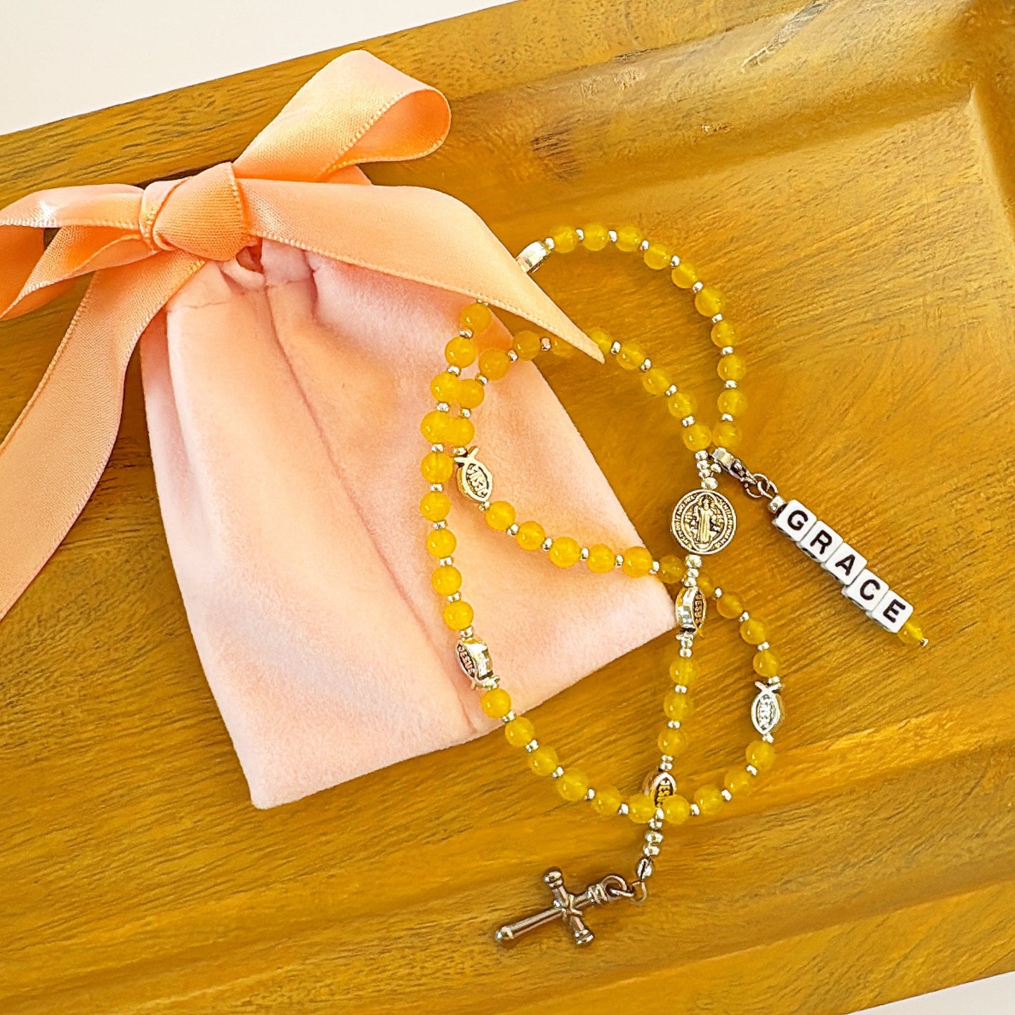 Baby Fish - Yellow Agate Rosary | Custom Name Tag Option(up to 10 characters)