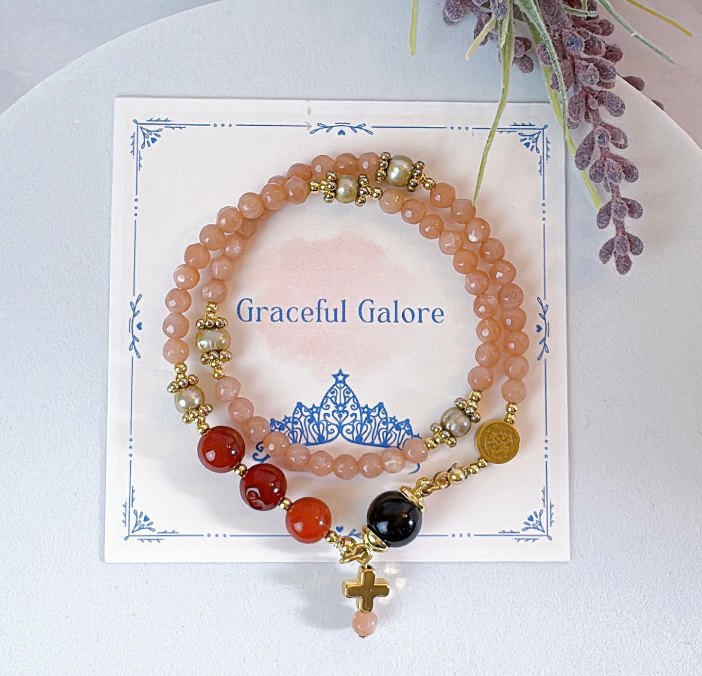 Sunstone with Agate Magnetic Rosary Bracelet