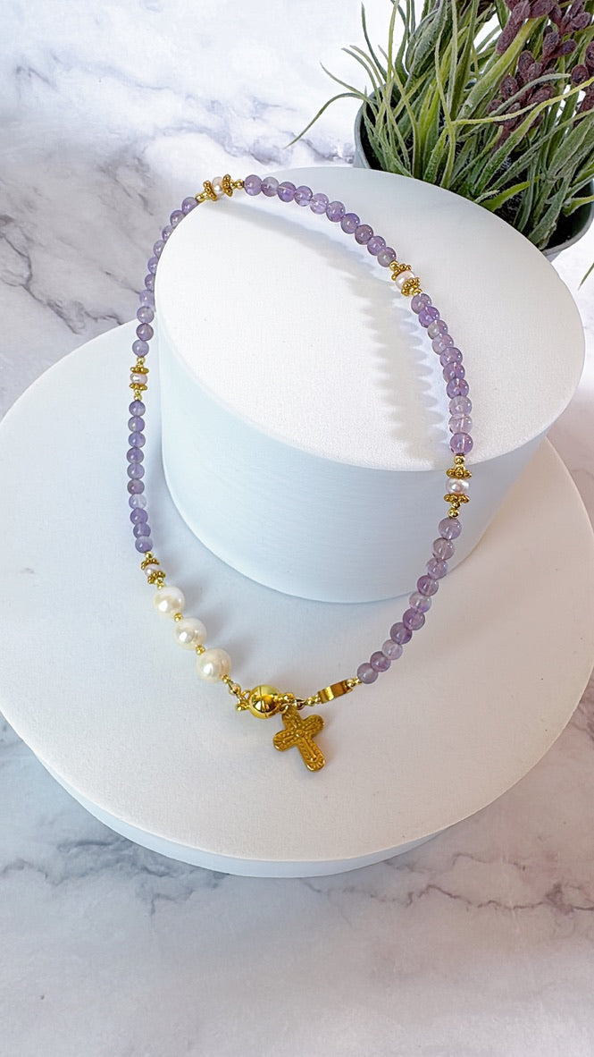 Violet Amethyst with Pearl Magnetic Rosary