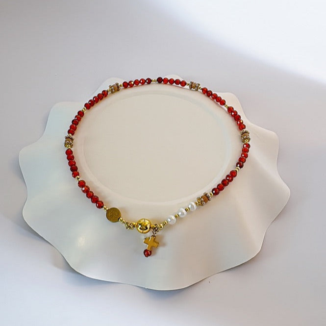 Beautiful Orange Garnet with Fresh Water Pearl Rosary Magnetic Bracele