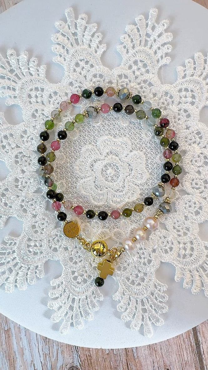 Multi Tourmaline with Pink Pearl Magnetic Rosary Bracelet