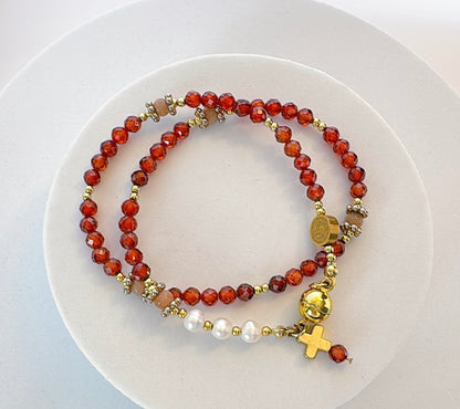 Beautiful Orange Garnet with Fresh Water Pearl Rosary Magnetic Bracele