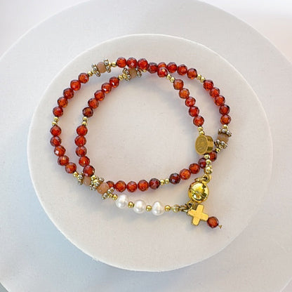 Beautiful Orange Garnet with Fresh Water Pearl Rosary Magnetic Bracele