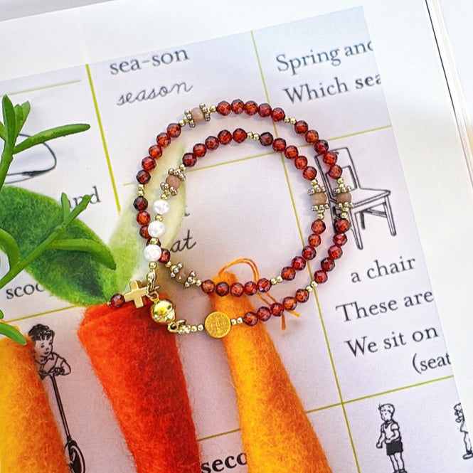 Beautiful Orange Garnet with Fresh Water Pearl Rosary Magnetic Bracele