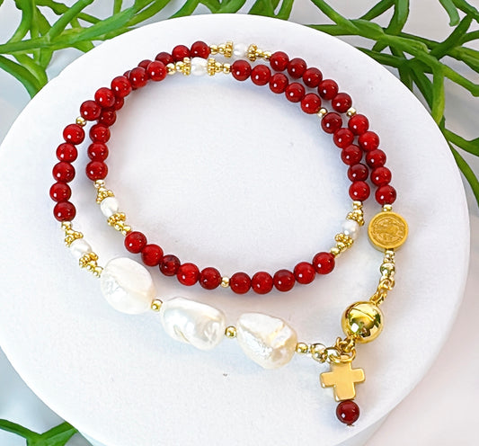 Red Turquoise with Freshwater Pearls Magnetic Rosary Bracelet