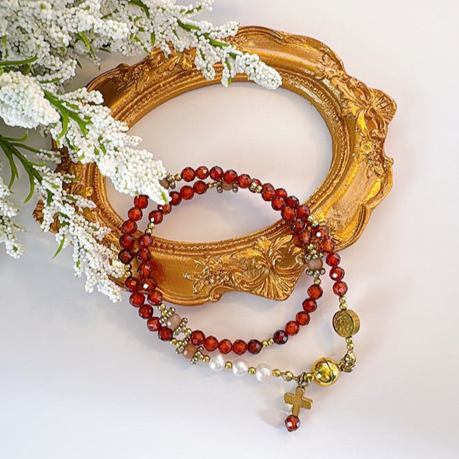 Beautiful Orange Garnet with Fresh Water Pearl Rosary Magnetic Bracele