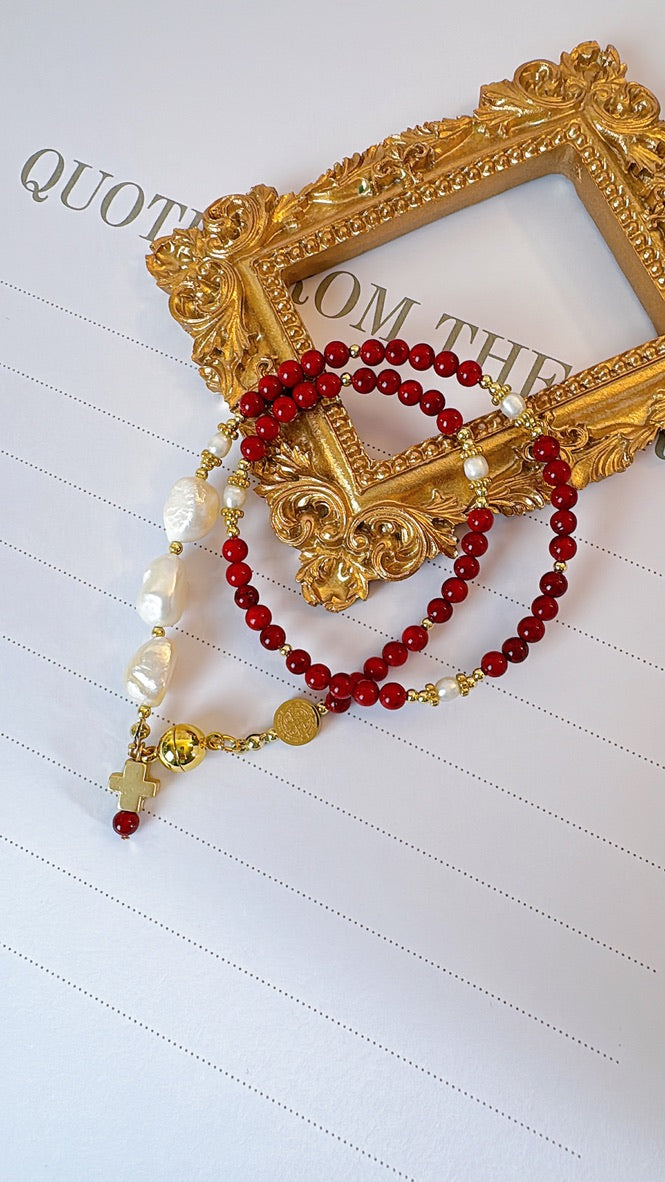 Red Turquoise with Freshwater Pearls Magnetic Rosary Bracelet