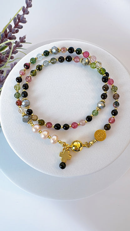 Multi Tourmaline with Pink Pearl Magnetic Rosary Bracelet