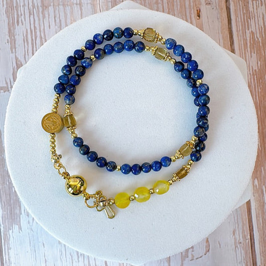 Navy Blue Lapis lazuli with Yellow Agate Magnetic Rosary Bracelet