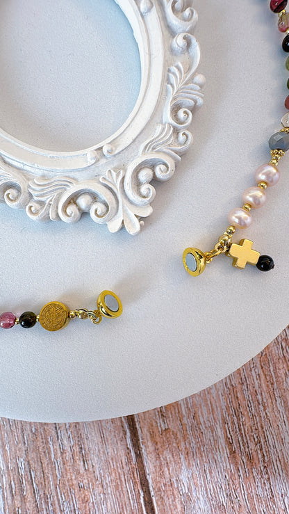 Multi Tourmaline with Pink Pearl Magnetic Rosary Bracelet