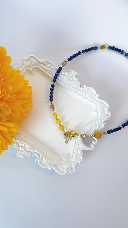 Navy Blue Lapis lazuli with Yellow Agate Magnetic Rosary Bracelet