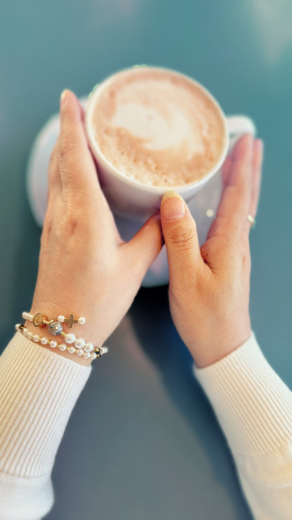 Pearl Beads with Clear Blue Crystal Rosary Bracelet