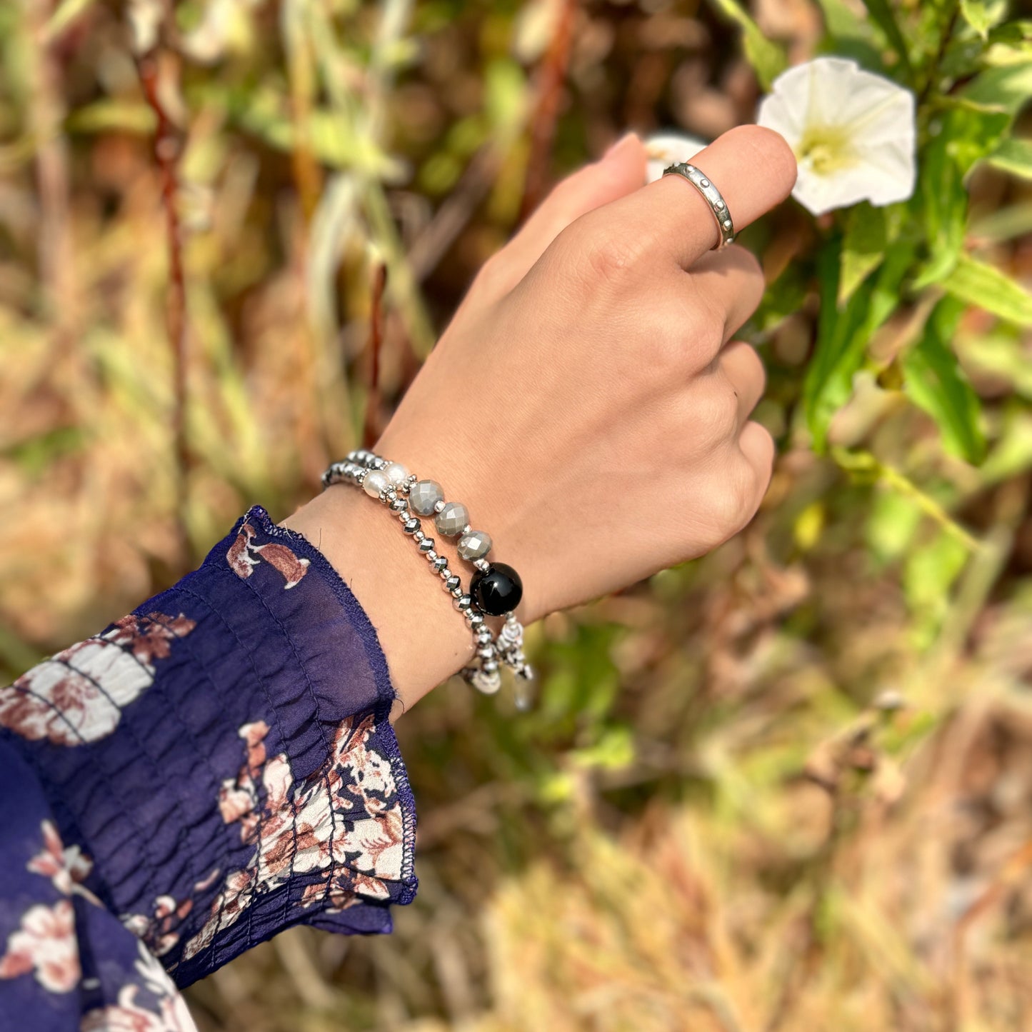 Silver Metallic Crystal Rosary Bracelet